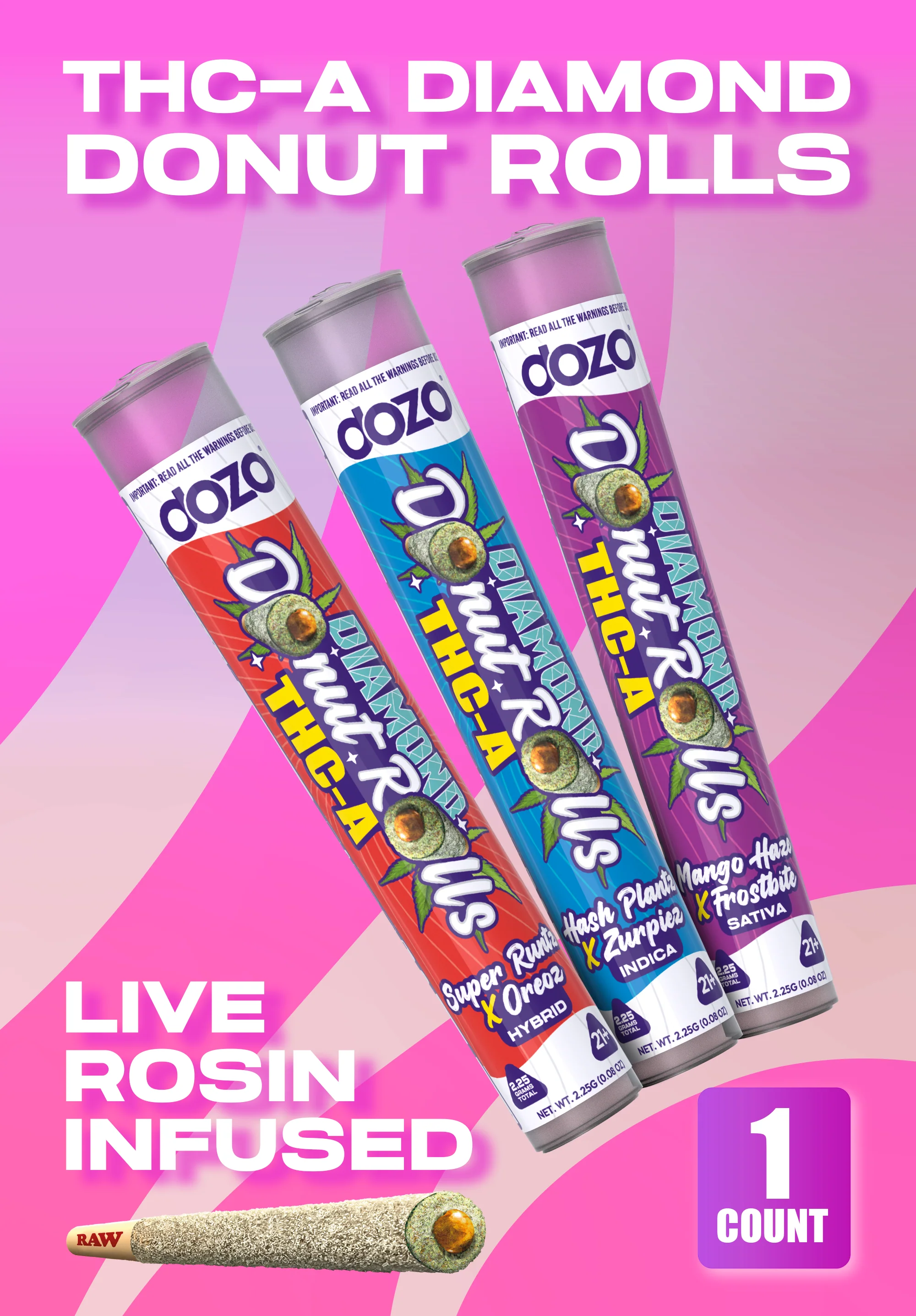 Dozo Diamond Donut Rolls THC-A  1ct | Live-Rosin Infused